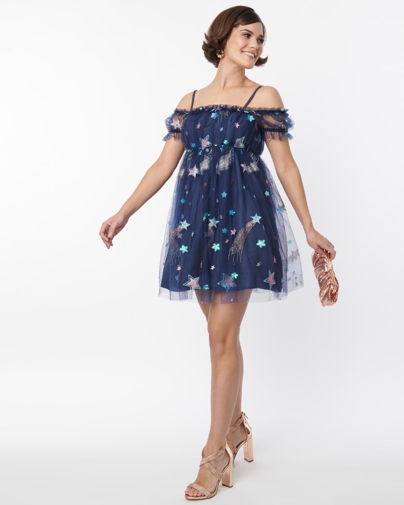 Front of a model wearing a size L Smak Parlour Navy Glitter Off the Shoulder Babydoll Dress in Blue by Smak Parlour. | dia_product_style_image_id:310093